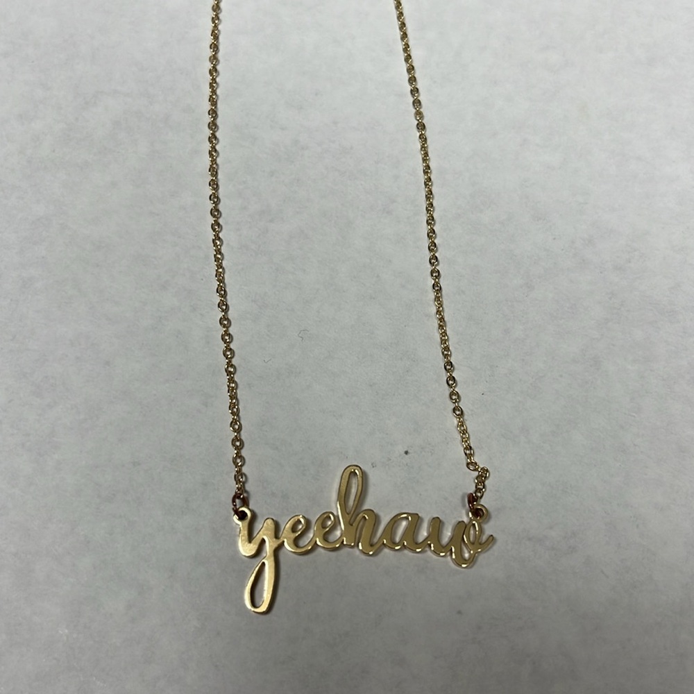Gold tone yeehaw cursive scripture country western cowgirl rodeo necklace - Picture 8 of 11